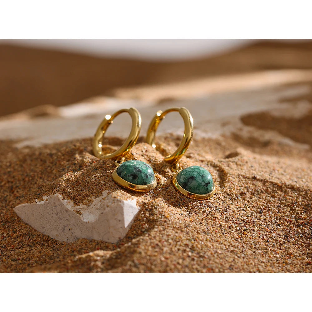 Yhpup Stainless Steel Green Natural Stone Hoop Earrings New Golden Metal Geometric Charm Jewelry Joyería Acero Inoxidable Mujer - YDKM