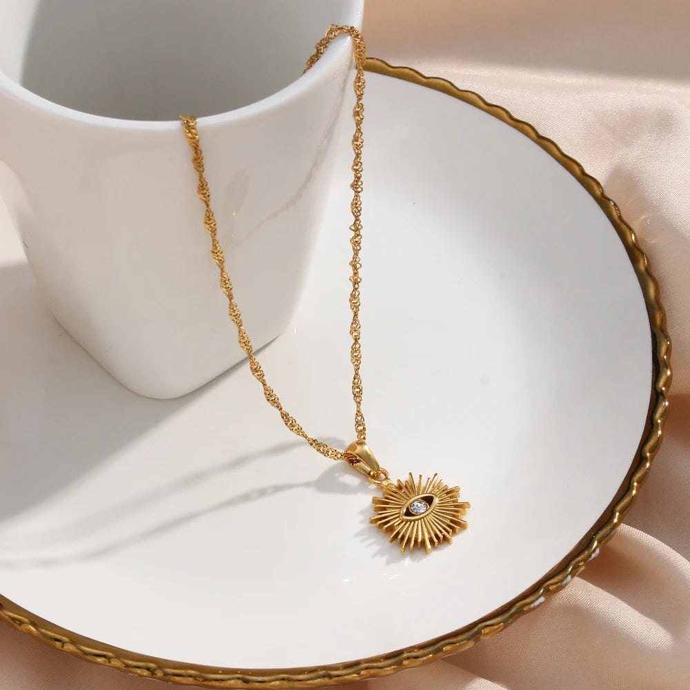 Stainless Steel Creative Sunlight Zirconia Evil Eye Pendant Necklaces - YDKM