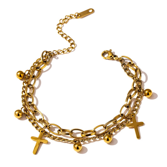 Yhpup Stainless Steel Cross Layered Bracelet for Women Charm Metal 14 K Plated Trendy Golden Wrist Unique Design Jewelry брелок - YDKM