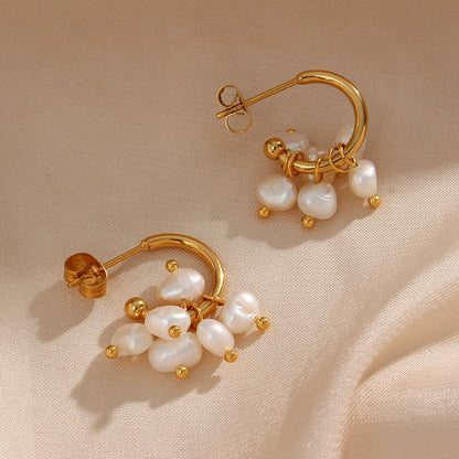 E.B.belle Super Elegant Delicate Small Freshwater Pearl Hoop Earrings 18K Gold Plated Stainless Steel Mini Gold Pearl Earring - YDKM