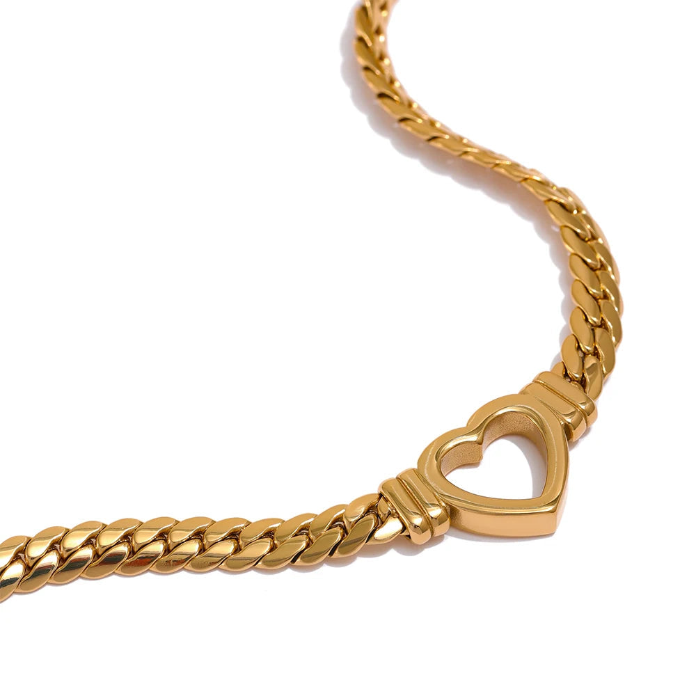 Yhpup Heart Chain Necklace Stainless Steel for Women Fashion Metal Texture Flat Collar Waterproof Necklace Girlfriend Gift - YDKM