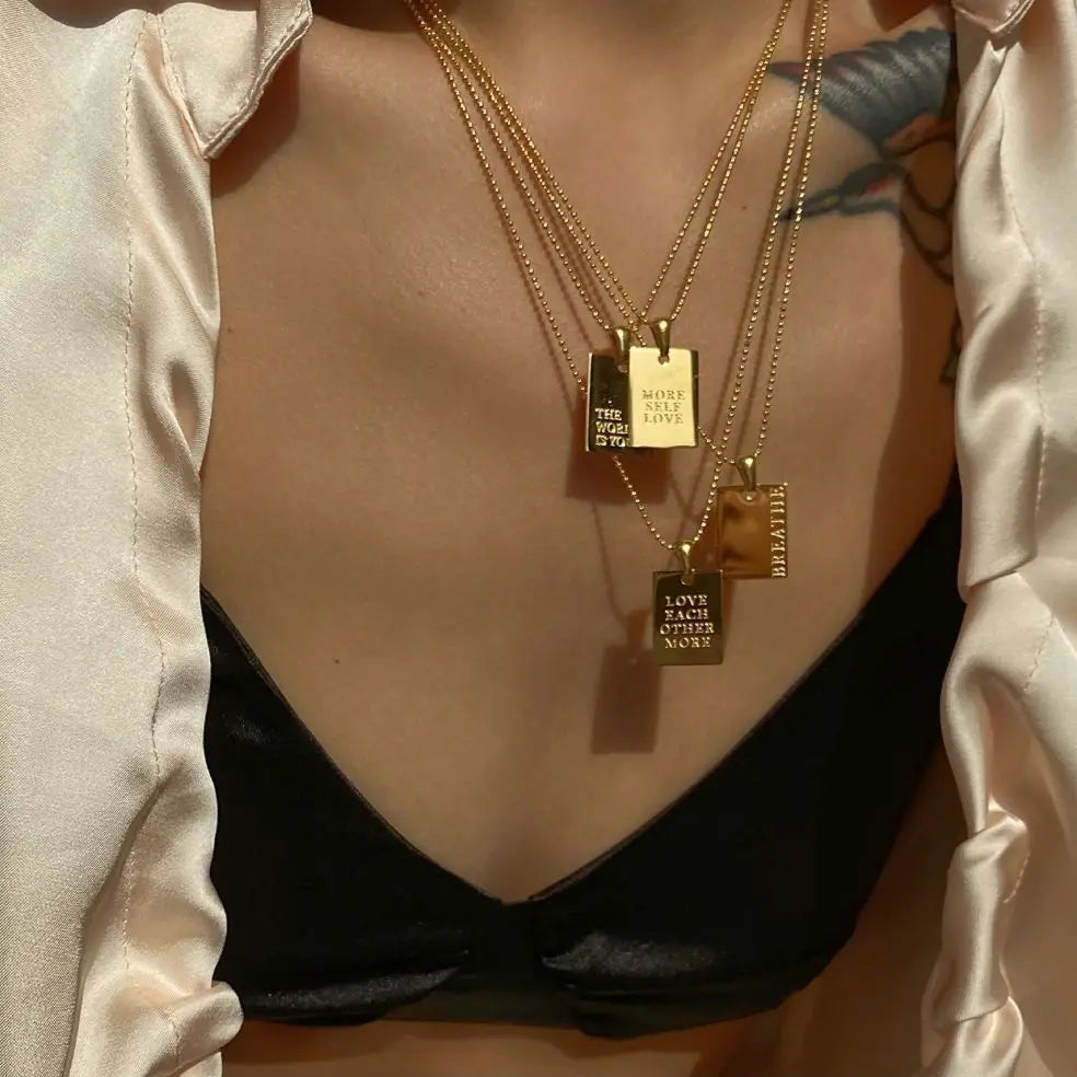 Vintage Couple Jewelry Motto Engraved Square Pendant Pure 18k Gold Plated Necklaces for Women Stainless Steel Men's Chain Beads - YDKM