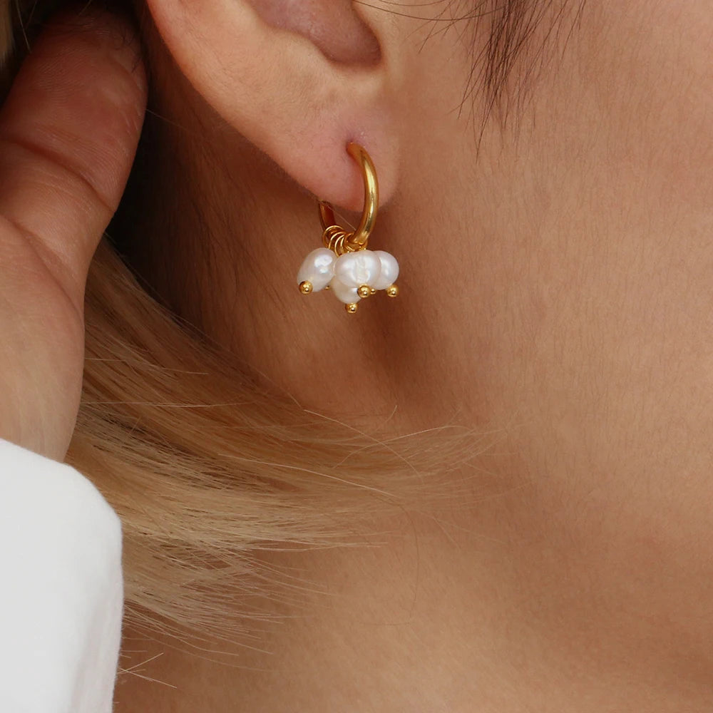 E.B.belle Super Elegant Delicate Small Freshwater Pearl Hoop Earrings 18K Gold Plated Stainless Steel Mini Gold Pearl Earring - YDKM
