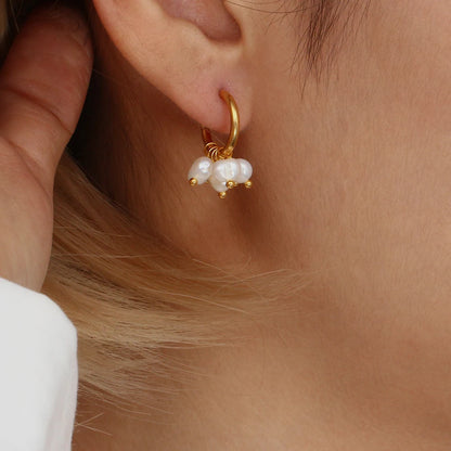 E.B.belle Super Elegant Delicate Small Freshwater Pearl Hoop Earrings 18K Gold Plated Stainless Steel Mini Gold Pearl Earring - YDKM