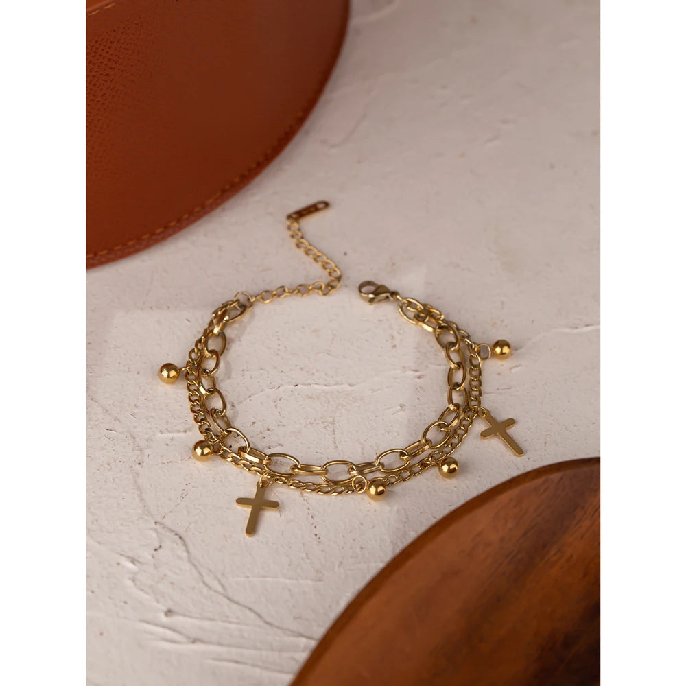 Yhpup Stainless Steel Cross Layered Bracelet for Women Charm Metal 14 K Plated Trendy Golden Wrist Unique Design Jewelry брелок - YDKM
