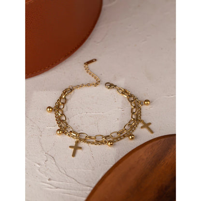 Yhpup Stainless Steel Cross Layered Bracelet for Women Charm Metal 14 K Plated Trendy Golden Wrist Unique Design Jewelry брелок - YDKM