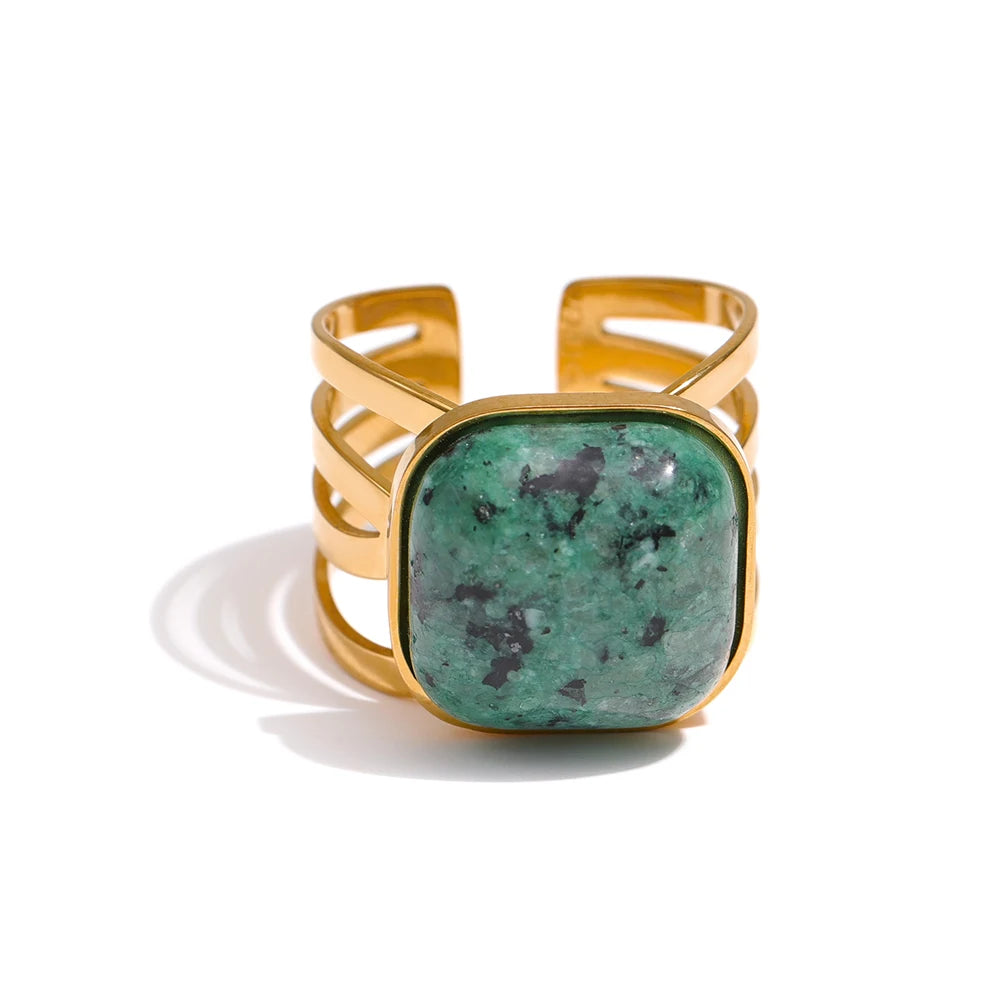 Yhpup Stainless Steel Green Natural Turquoise Opening Ring Statement Golden 18 K Plated Ring bague acier inoxydable Gift New - YDKM