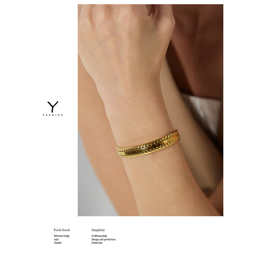 Yhpup 316L Stainless Steel Leaves Bangle Bracelet Minimalist Metalic Golden 18 K Cuff Bracelet Waterproof Jewelry Party Gift - YDKM