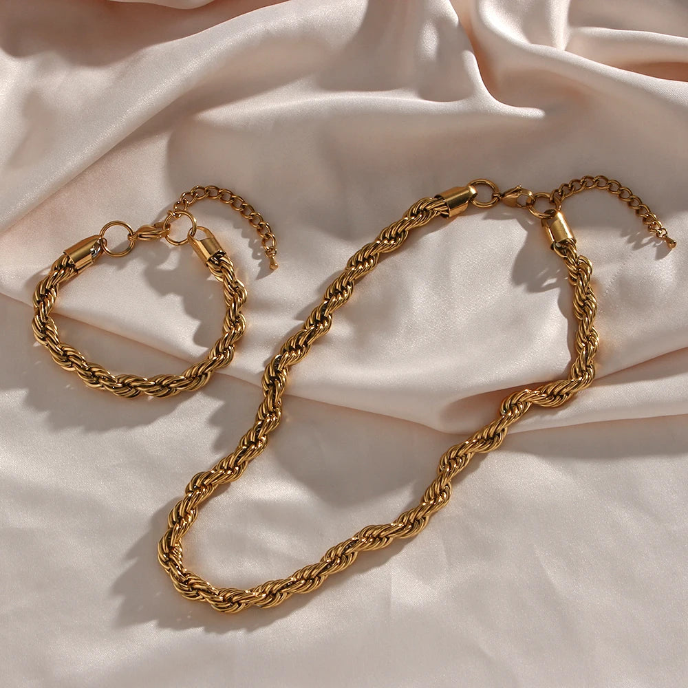 2022 New Tarnish Free Stainless Steel 18K Gold Plated Women's 8mm Chunky Twisted Rope Chain Necklace Trendy Gold Bracelet - YDKM