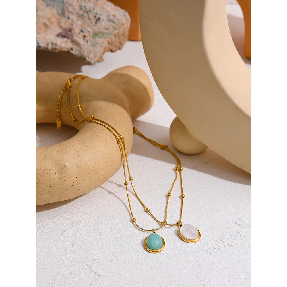 Natural Green Stone Fog Crystal Stainless Steel Pendant Chain - YDKM