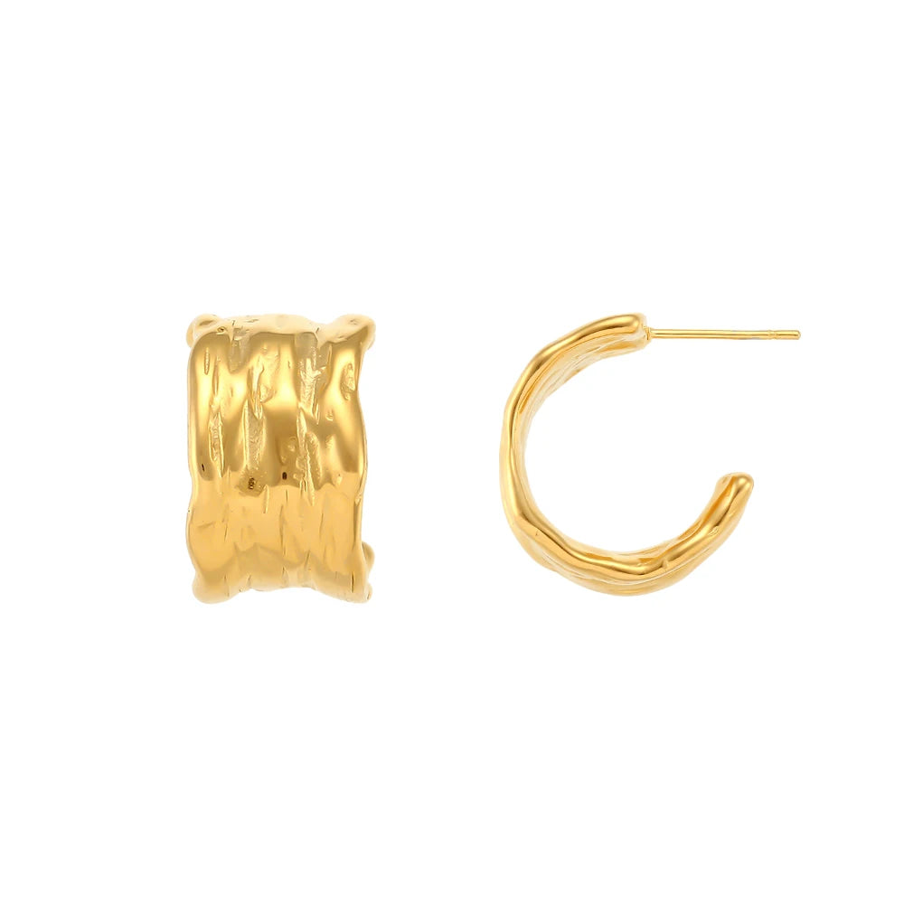 E.B.belle 2024Trendy Tin Foil Wide Gold Plated Hoop Earrings For Women Titanium Steel Ladies Minimalist Basic Gold Hoops Jewelry - YDKM