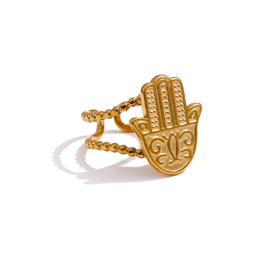 Yhpup Stainless Steel Palm Opening Ring Stylish Unique Design Golden 18 K Metal Women Jewelry Accessories Bagues Pour Femme - YDKM