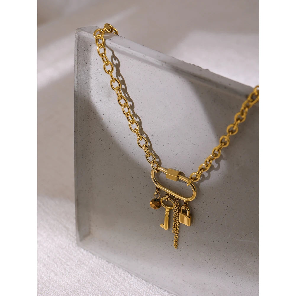 Charm Metal Crystal Lock Key Pendant Necklace - YDKM
