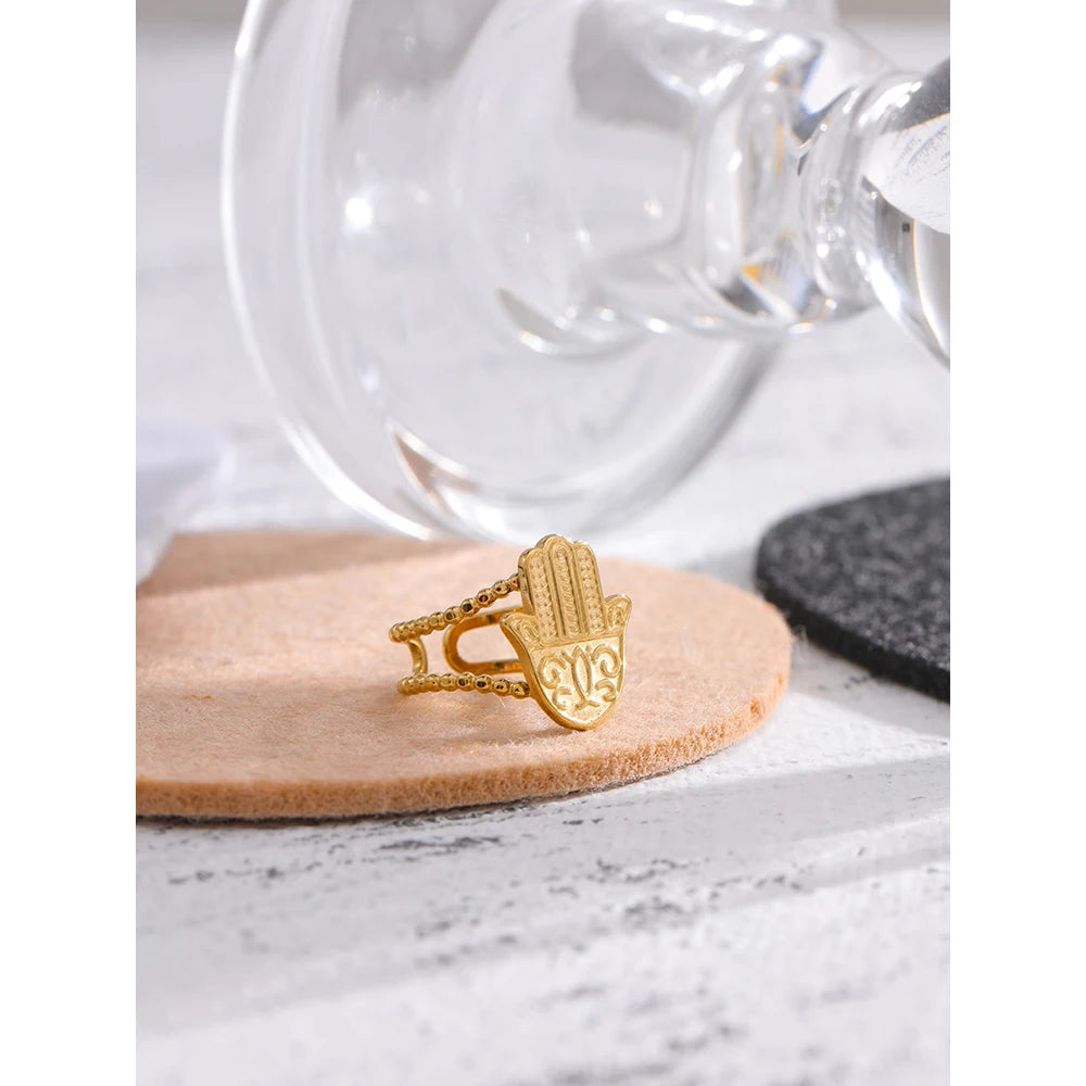 Yhpup Stainless Steel Palm Opening Ring Stylish Unique Design Golden 18 K Metal Women Jewelry Accessories Bagues Pour Femme - YDKM