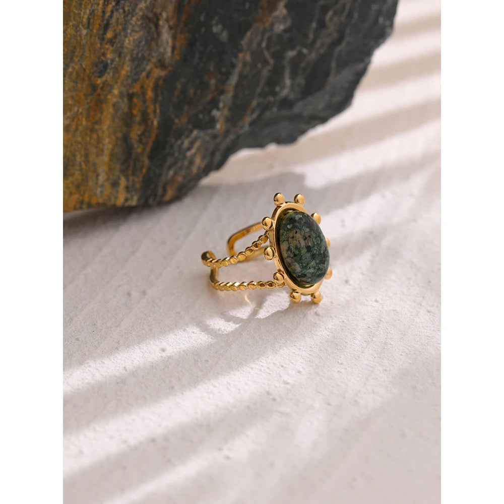 Yhpup Stainless Steel Green African Turquoise Stone Ring for Women Fashion Ring Waterproof Jewelry Bijoux Femme Party Gift - YDKM