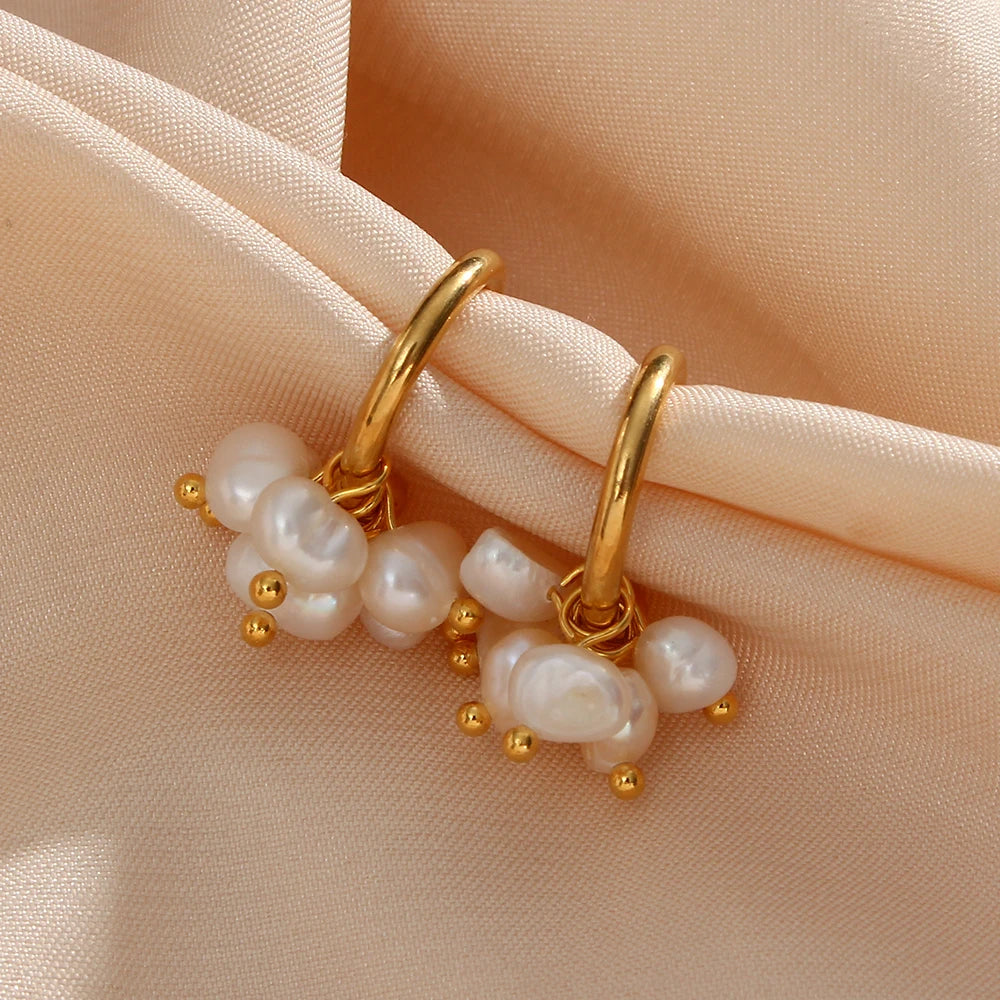 E.B.belle Super Elegant Delicate Small Freshwater Pearl Hoop Earrings 18K Gold Plated Stainless Steel Mini Gold Pearl Earring - YDKM