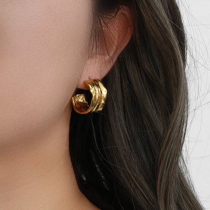 E.B.belle 2024Trendy Tin Foil Wide Gold Plated Hoop Earrings For Women Titanium Steel Ladies Minimalist Basic Gold Hoops Jewelry - YDKM