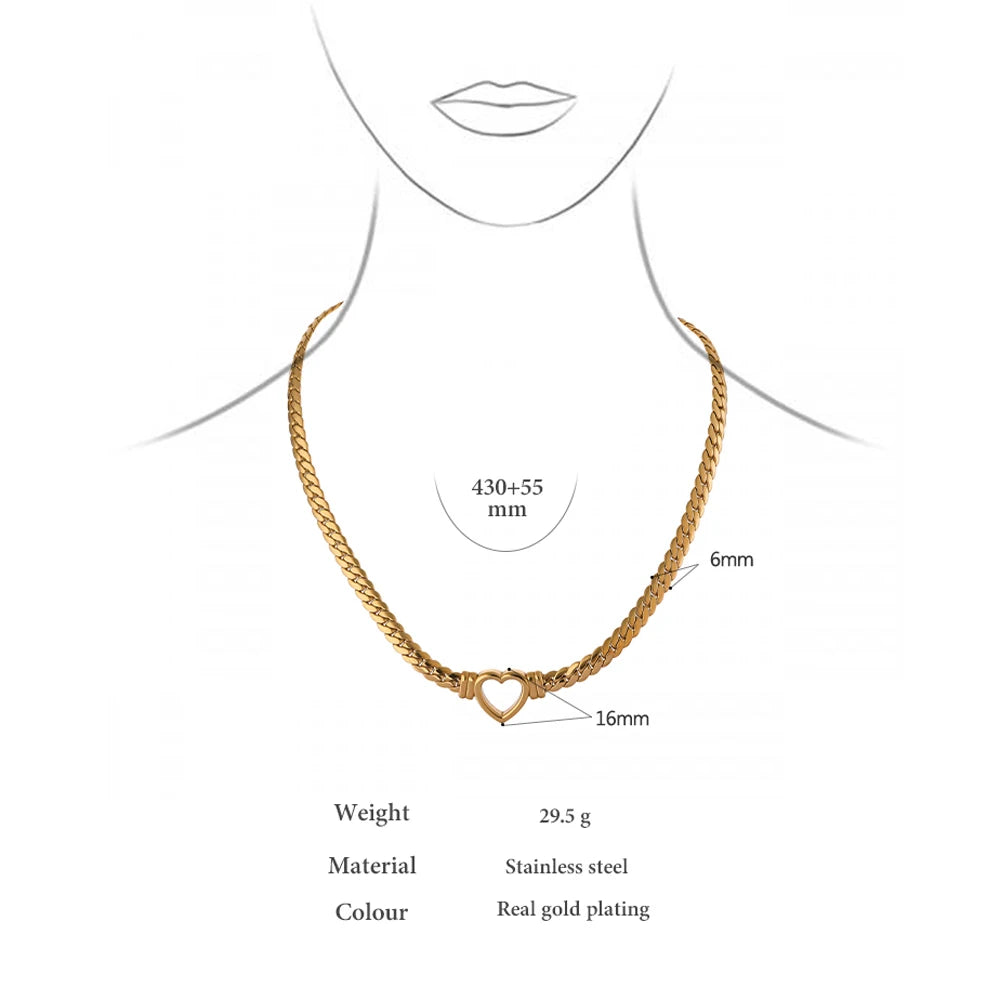 Yhpup Heart Chain Necklace Stainless Steel for Women Fashion Metal Texture Flat Collar Waterproof Necklace Girlfriend Gift - YDKM