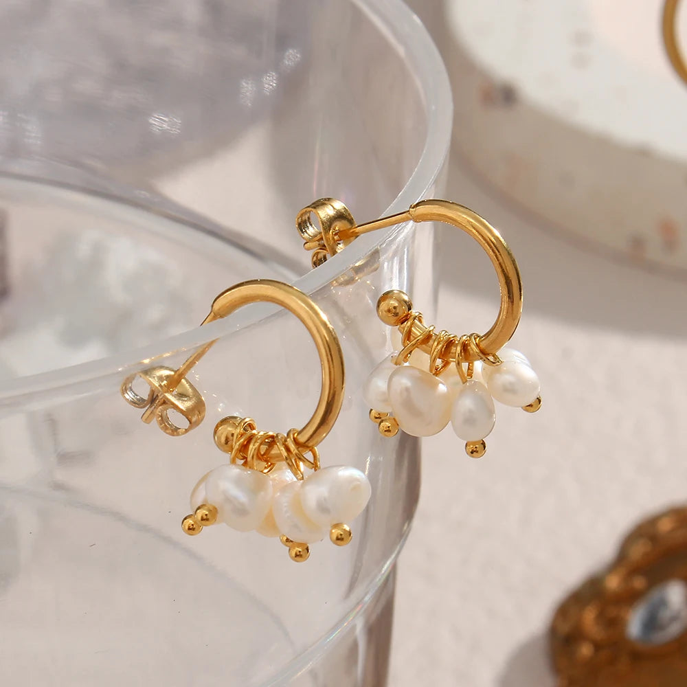E.B.belle Super Elegant Delicate Small Freshwater Pearl Hoop Earrings 18K Gold Plated Stainless Steel Mini Gold Pearl Earring - YDKM