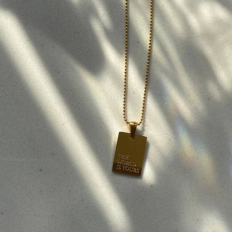 Vintage Couple Jewelry Motto Engraved Square Pendant Pure 18k Gold Plated Necklaces for Women Stainless Steel Men's Chain Beads - YDKM