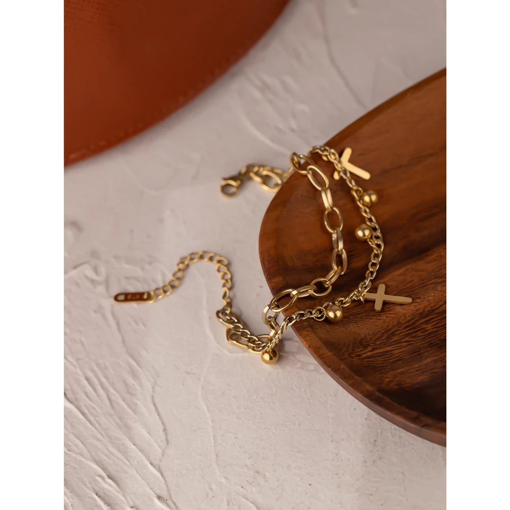 Yhpup Stainless Steel Cross Layered Bracelet for Women Charm Metal 14 K Plated Trendy Golden Wrist Unique Design Jewelry брелок - YDKM