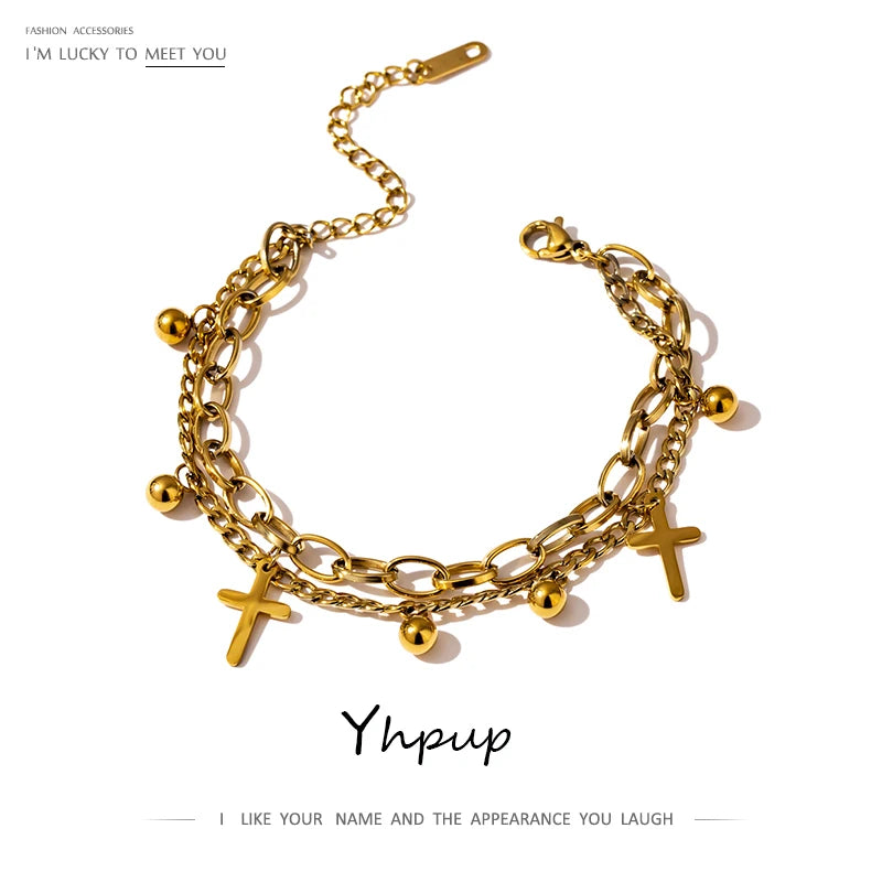 Yhpup Stainless Steel Cross Layered Bracelet for Women Charm Metal 14 K Plated Trendy Golden Wrist Unique Design Jewelry брелок - YDKM