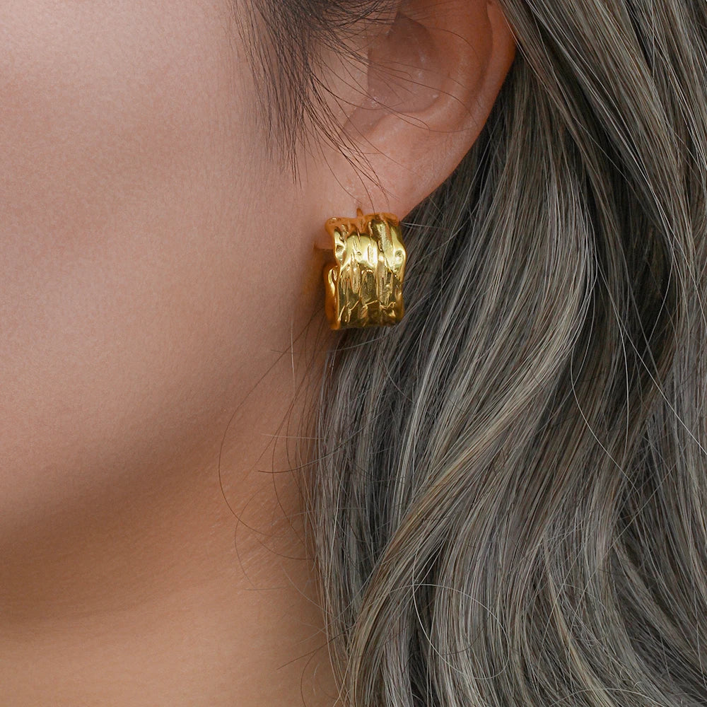 E.B.belle 2024Trendy Tin Foil Wide Gold Plated Hoop Earrings For Women Titanium Steel Ladies Minimalist Basic Gold Hoops Jewelry - YDKM