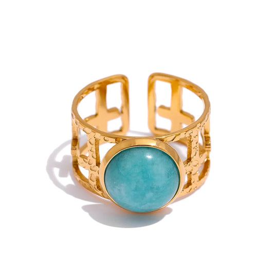 Yhpup 316L Stainless Steel Trendy Ring Simple Golden Metal Blue Stone Opening for Women кольцо женское Wedding Gift Jewelry - YDKM