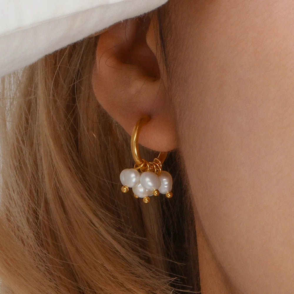 E.B.belle Super Elegant Delicate Small Freshwater Pearl Hoop Earrings 18K Gold Plated Stainless Steel Mini Gold Pearl Earring - YDKM