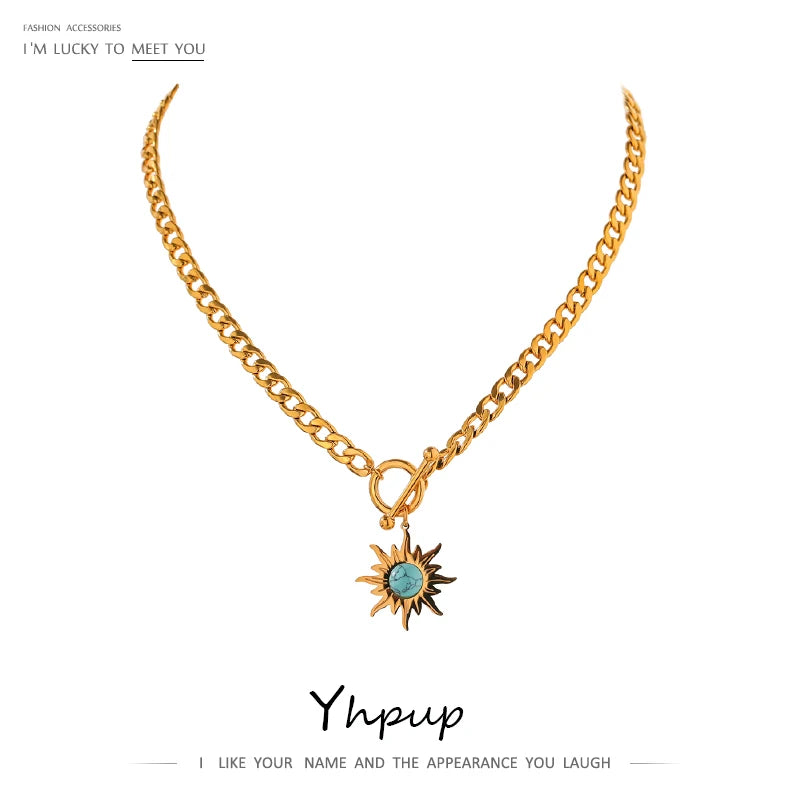 Yhpup Exquisite Sun Flower Pendant Necklace Stainless Steel Golden 18 K Chain Choker Women Necklace Bijoux Femme Accessories - YDKM