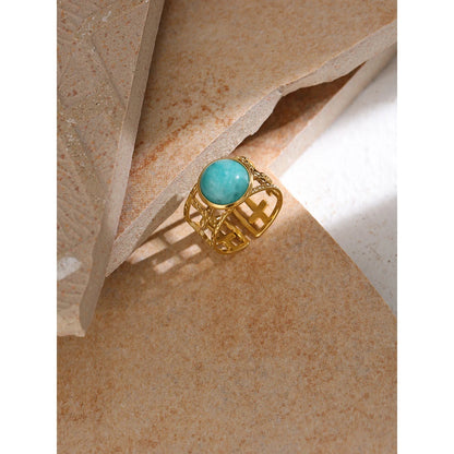 Yhpup 316L Stainless Steel Trendy Ring Simple Golden Metal Blue Stone Opening for Women кольцо женское Wedding Gift Jewelry - YDKM