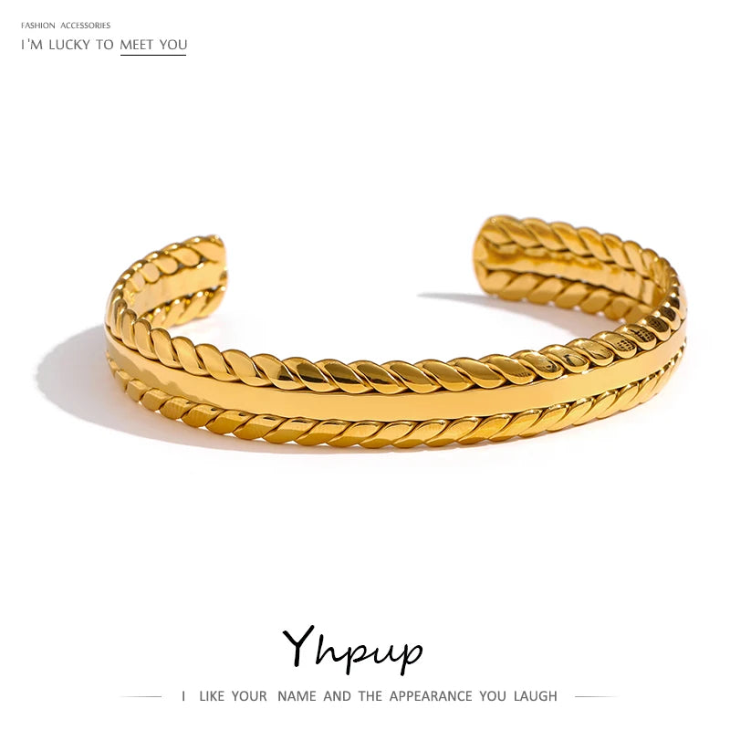 Yhpup 316L Stainless Steel Leaves Bangle Bracelet Minimalist Metalic Golden 18 K Cuff Bracelet Waterproof Jewelry Party Gift - YDKM