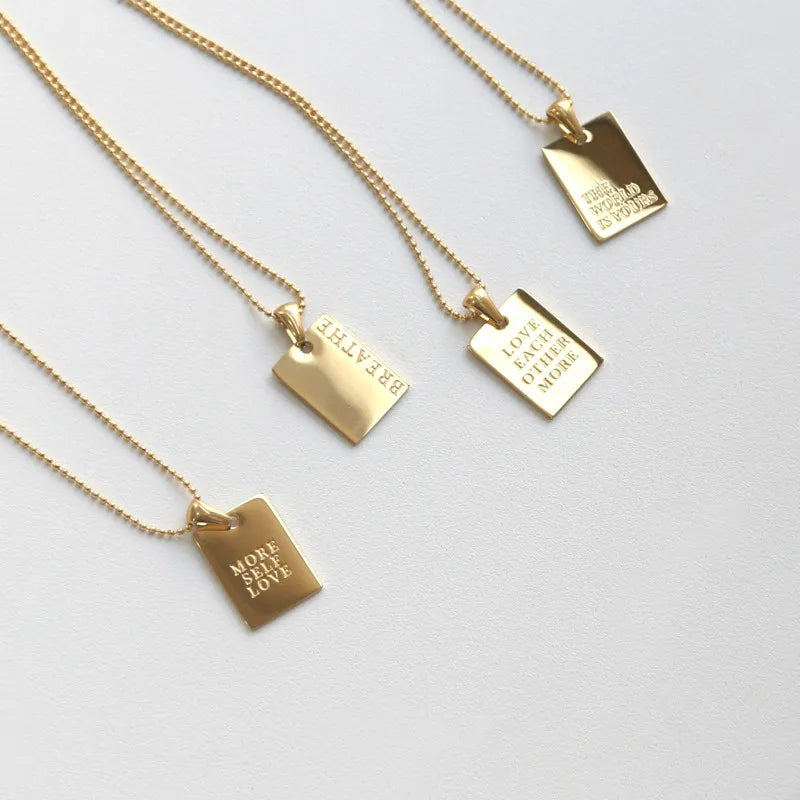 Vintage Couple Jewelry Motto Engraved Square Pendant Pure 18k Gold Plated Necklaces for Women Stainless Steel Men's Chain Beads - YDKM