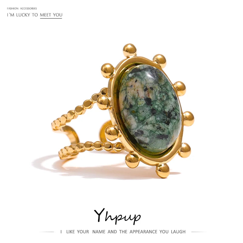 Yhpup Stainless Steel Green African Turquoise Stone Ring for Women Fashion Ring Waterproof Jewelry Bijoux Femme Party Gift - YDKM