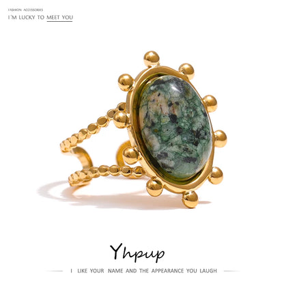 Yhpup Stainless Steel Green African Turquoise Stone Ring for Women Fashion Ring Waterproof Jewelry Bijoux Femme Party Gift - YDKM