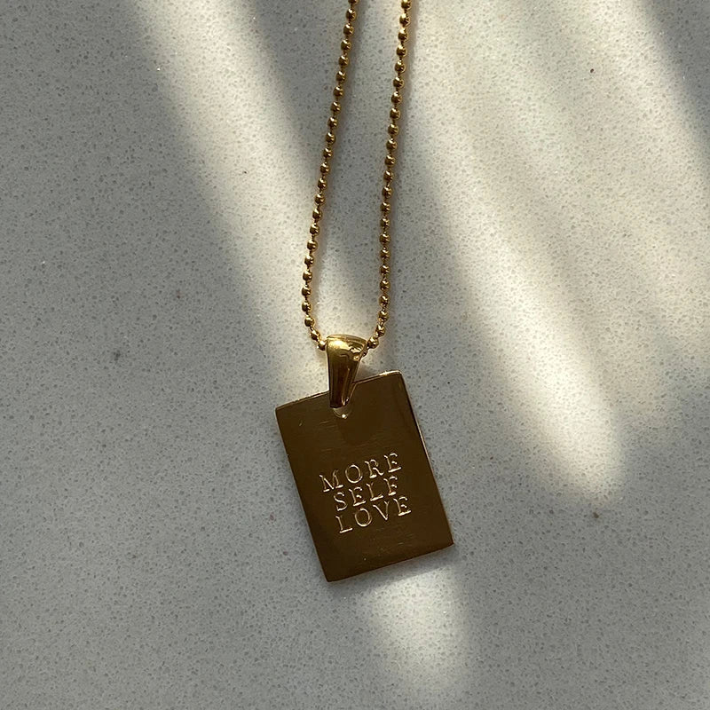 Vintage Couple Jewelry Motto Engraved Square Pendant Pure 18k Gold Plated Necklaces for Women Stainless Steel Men's Chain Beads - YDKM