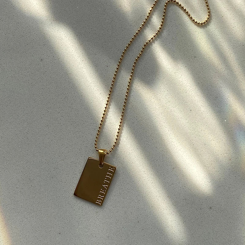 Vintage Couple Jewelry Motto Engraved Square Pendant Pure 18k Gold Plated Necklaces for Women Stainless Steel Men's Chain Beads - YDKM