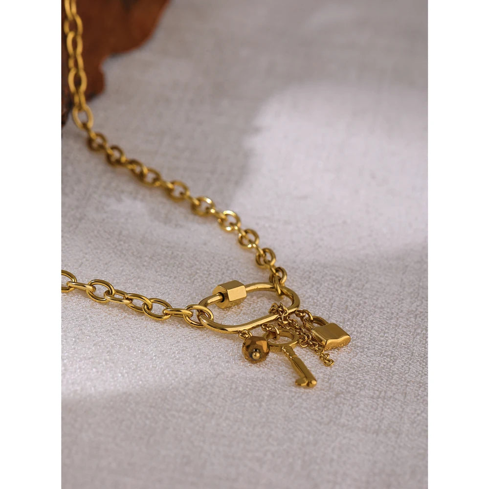 Charm Metal Crystal Lock Key Pendant Necklace - YDKM