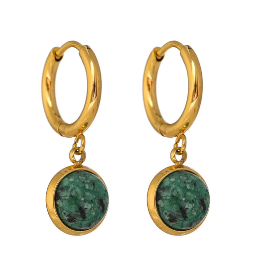 Yhpup Stainless Steel Green Natural Stone Hoop Earrings New Golden Metal Geometric Charm Jewelry Joyería Acero Inoxidable Mujer - YDKM