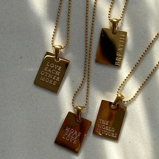 Vintage Couple Jewelry Motto Engraved Square Pendant Pure 18k Gold Plated Necklaces for Women Stainless Steel Men's Chain Beads - YDKM