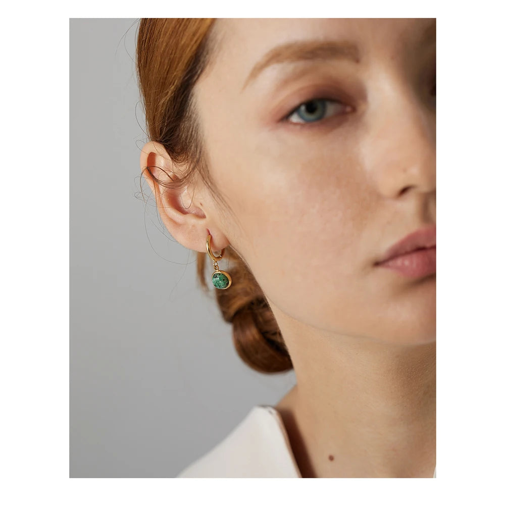 Yhpup Stainless Steel Green Natural Stone Hoop Earrings New Golden Metal Geometric Charm Jewelry Joyería Acero Inoxidable Mujer - YDKM
