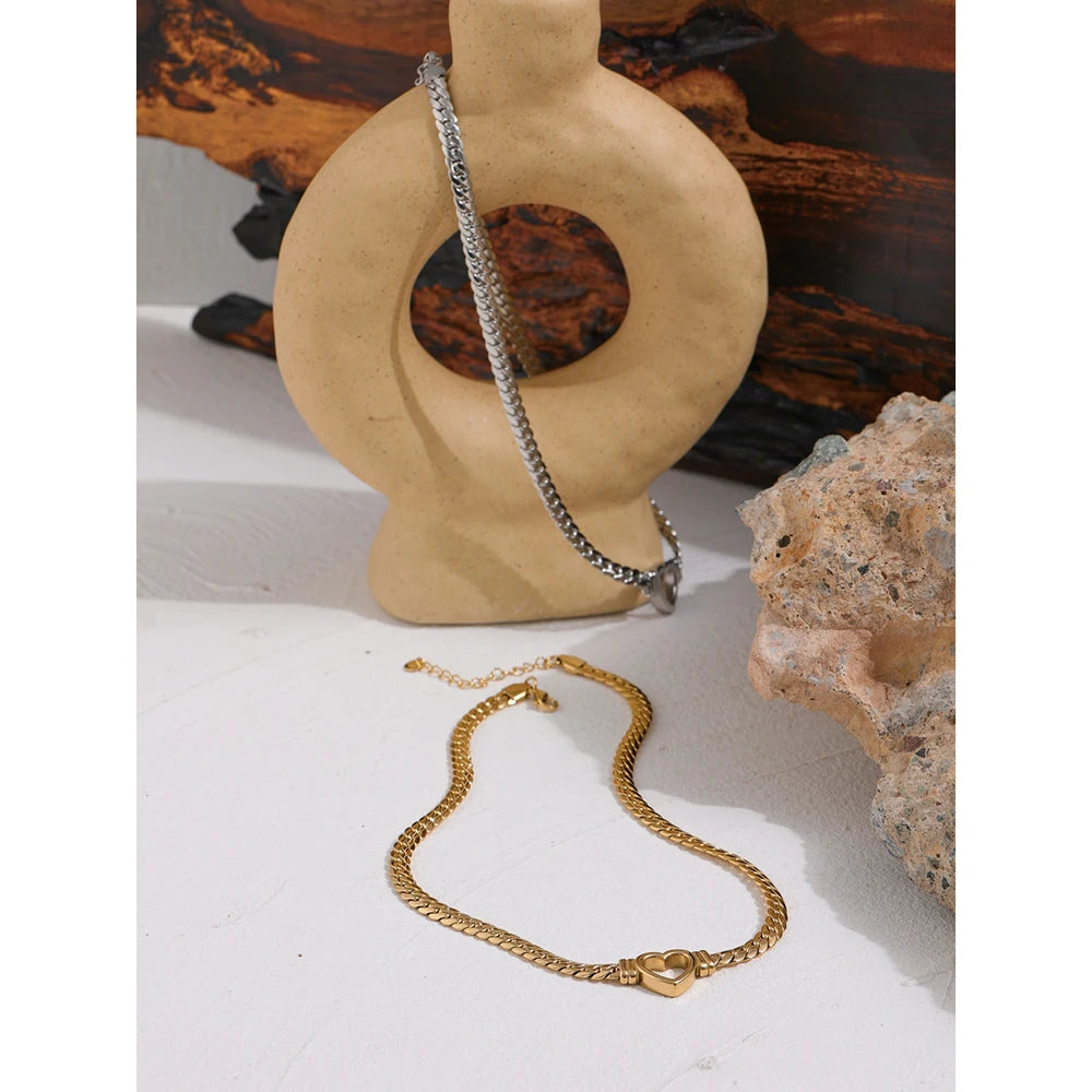 Yhpup Heart Chain Necklace Stainless Steel for Women Fashion Metal Texture Flat Collar Waterproof Necklace Girlfriend Gift - YDKM