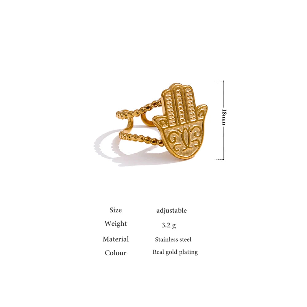 Yhpup Stainless Steel Palm Opening Ring Stylish Unique Design Golden 18 K Metal Women Jewelry Accessories Bagues Pour Femme - YDKM