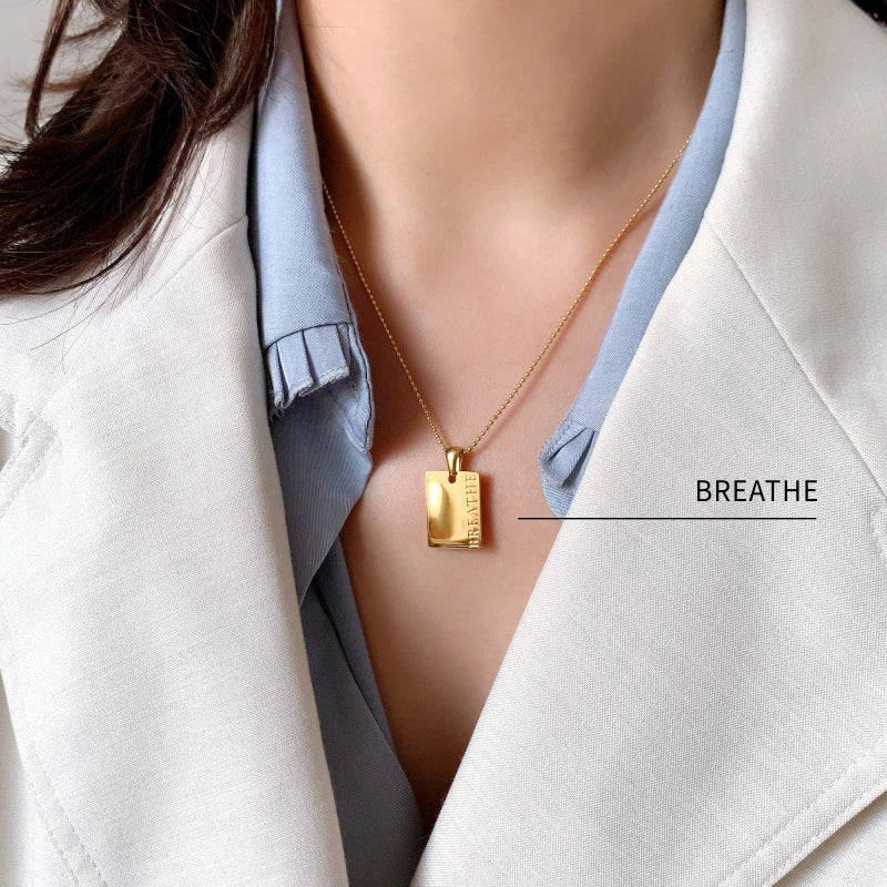 Vintage Couple Jewelry Motto Engraved Square Pendant Pure 18k Gold Plated Necklaces for Women Stainless Steel Men's Chain Beads - YDKM