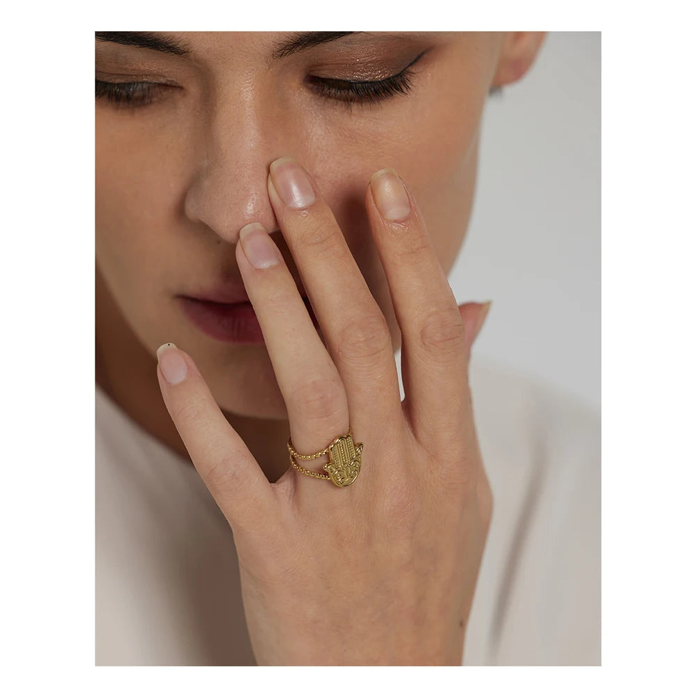 Yhpup Stainless Steel Palm Opening Ring Stylish Unique Design Golden 18 K Metal Women Jewelry Accessories Bagues Pour Femme - YDKM