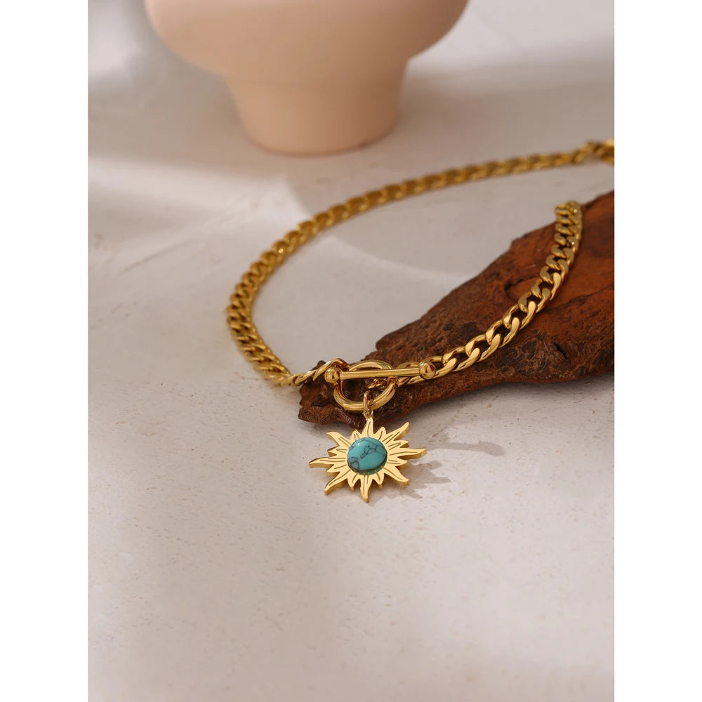 Yhpup Exquisite Sun Flower Pendant Necklace Stainless Steel Golden 18 K Chain Choker Women Necklace Bijoux Femme Accessories - YDKM