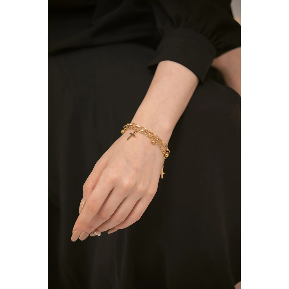 Yhpup Stainless Steel Cross Layered Bracelet for Women Charm Metal 14 K Plated Trendy Golden Wrist Unique Design Jewelry брелок - YDKM