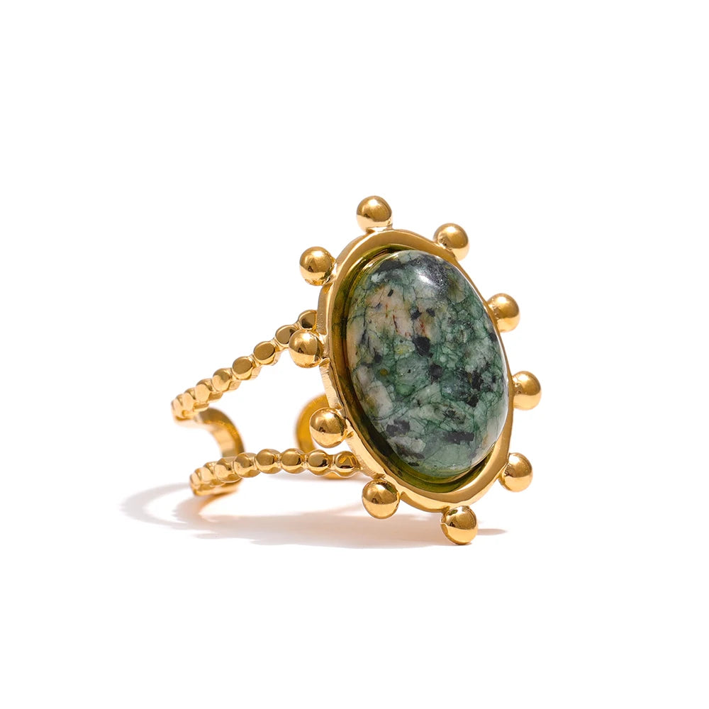 Yhpup Stainless Steel Green Natural Turquoise Opening Ring Statement Golden 18 K Plated Ring bague acier inoxydable Gift New - YDKM