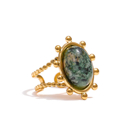 Yhpup Stainless Steel Green Natural Turquoise Opening Ring Statement Golden 18 K Plated Ring bague acier inoxydable Gift New - YDKM