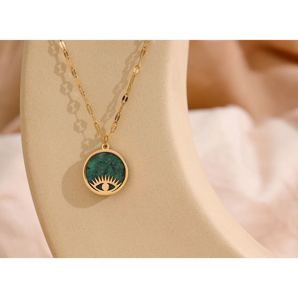 Green Natural Stone Eye Pendant Necklace - YDKM